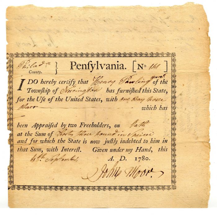 1780 dated Receipt for the Purchase of One Bay Horse - Early Americana