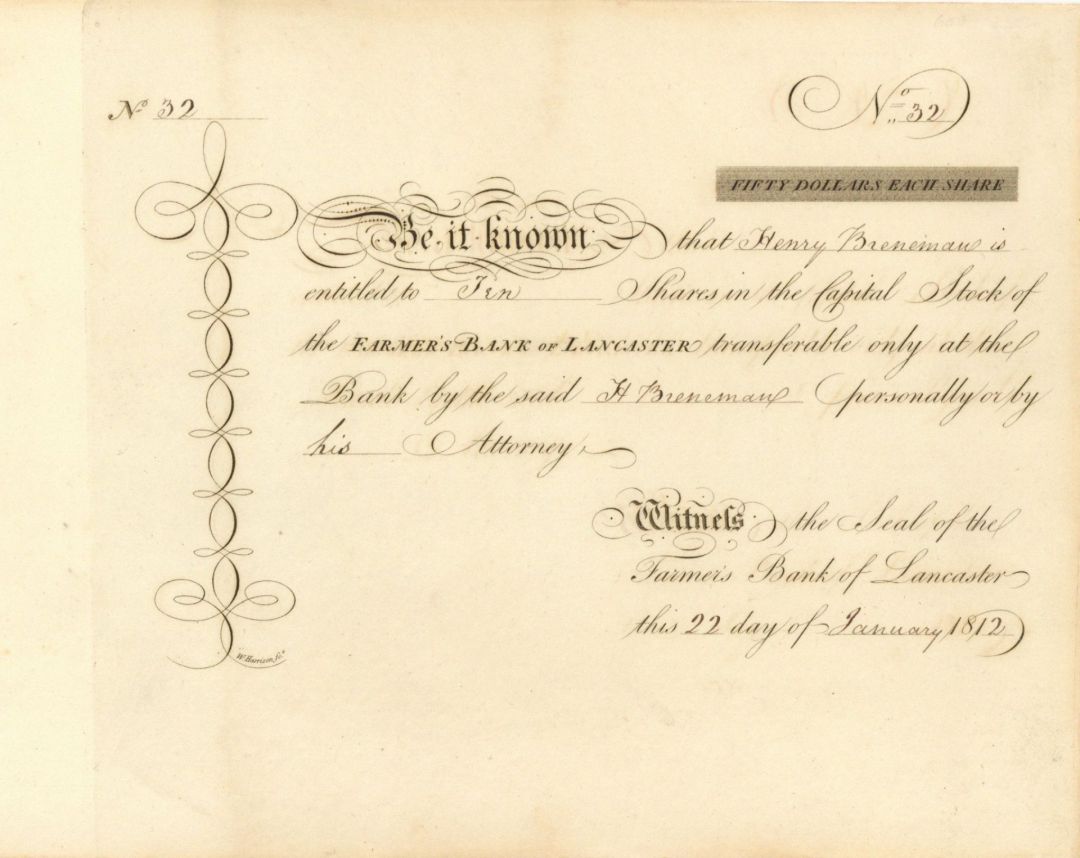 Farmers Bank of Lancaster - Early Stocks and Bonds