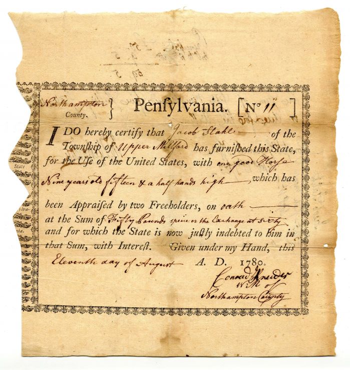 1780 dated Receipt for "one good horse" - Early Americana