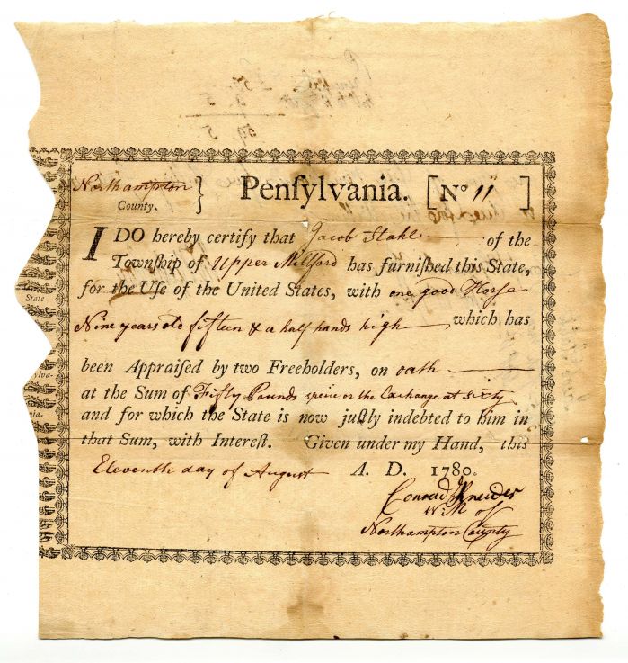 1780 dated Receipt for one good horse - Early Americana