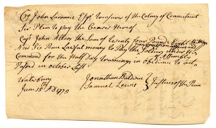 1775 dated Pay Order to John Lawrence and Signed by Various Justices of the Peace - Connecticut - American Revolutionary War Related