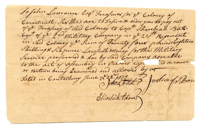 1775 dated Pay Order to John Lawrence and Signed by Various Justices of the Peace - Connecticut - American Revolutionary War Related - Paper Loss
