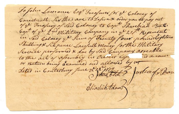 1775 dated Pay Order to John Lawrence and Signed by Various "Justices of the Peace" - Connecticut - American Revolutionary War Related - Paper Loss