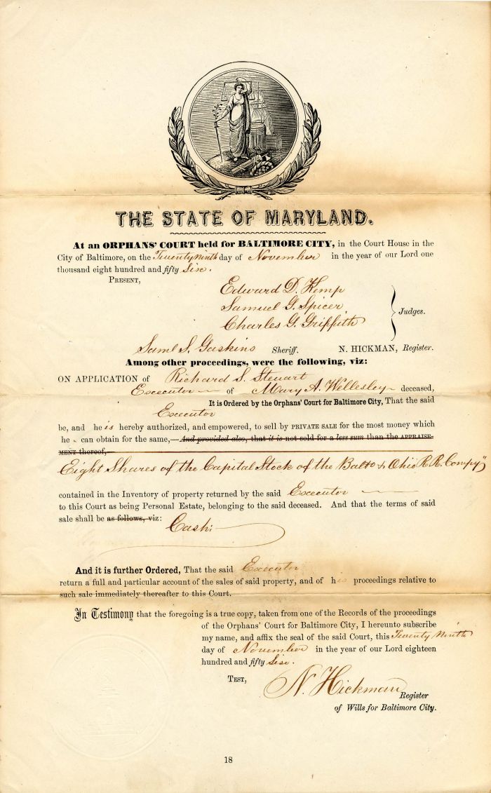 State of Maryland Document dated 1856 - Americana