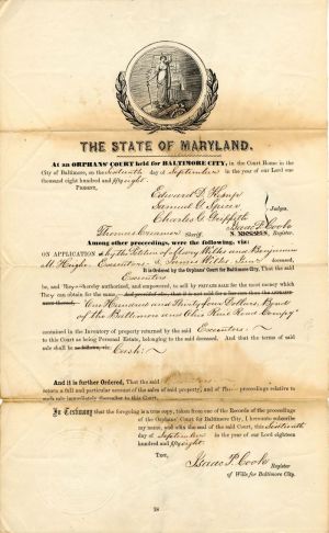 State of Maryland - Baltimore City Document dated 1858