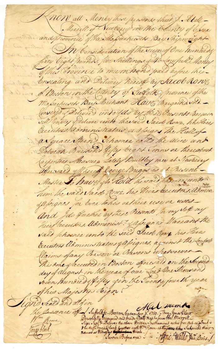 Sale of Schooner signed by Jonas Clarke - 1750