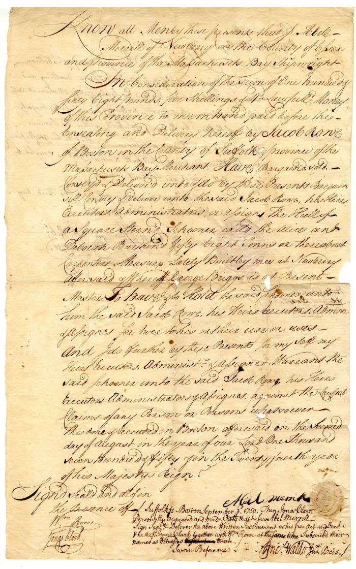 Sale of Schooner signed by Jonas Clarke - 1750 dated Document