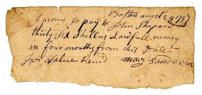 Promissory Note for 36 Shillings - dated 1757 from Boston, Massachusetts