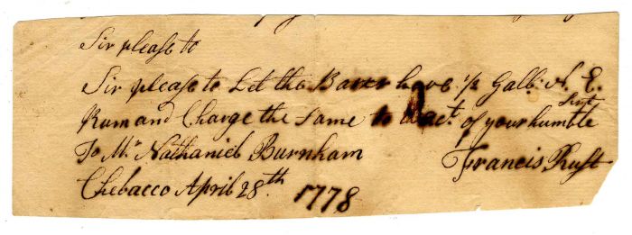 Receipt for Rum - 1778 Document mentioning Chebacco - Chebacco Lake in Massachusetts