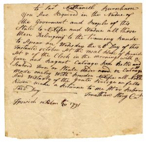 Notice to Appear - 1791 dated Document Mentioning Cartridges and Guns - Americana
