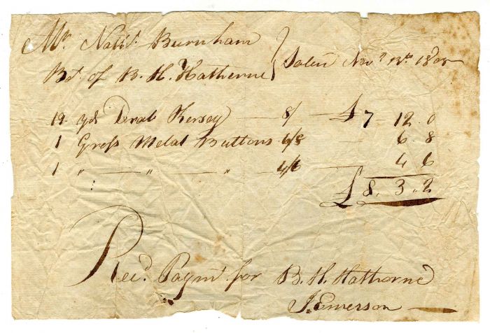 1808 dated Invoice for Metal Buttons, etc. - Salem, Massachusetts