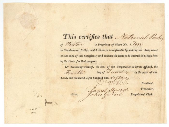 Skouheagan Bridge 1816 - Stock Certificate