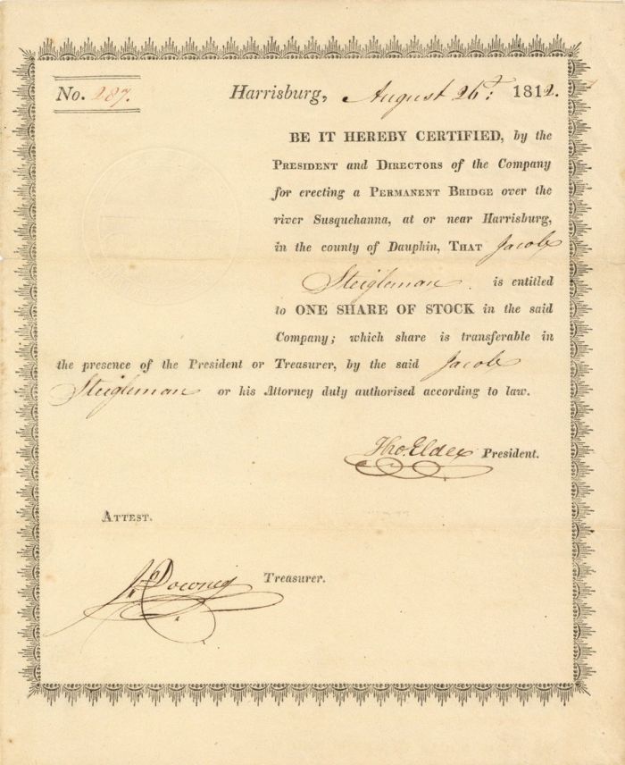 Harrisburg Bridge Co. 1812 - Stock Certificate