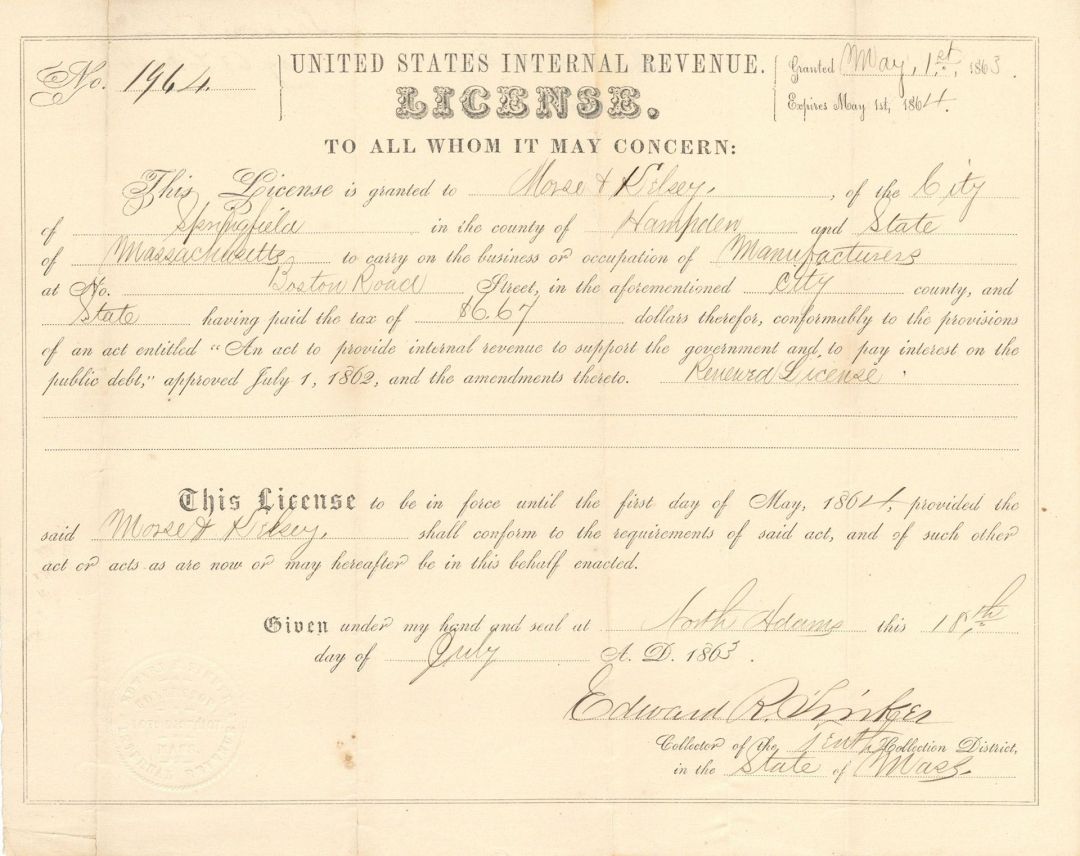 United States Internal Revenue License - Early Stocks and Bonds