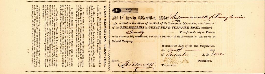 Philadelphia and Great-Bend Turnpike Road - Stock Certificate