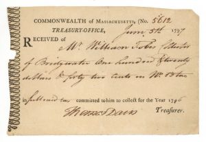 Commonwealth of Massachusetts Tax Receipt - Early Stocks and Bonds