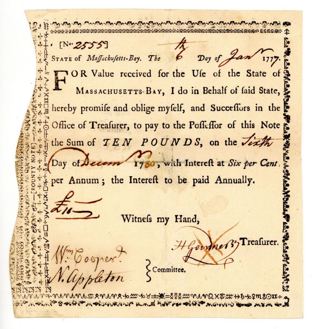 State of Massachusetts Bay Bond - 10 Pound Bond