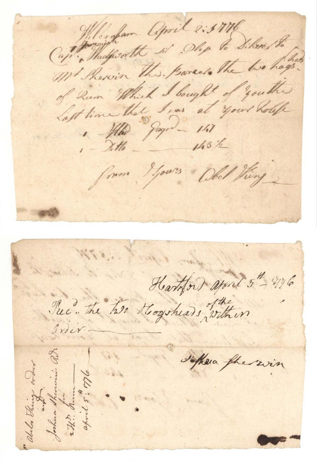 1776 dated Note regarding Rum - Early Stocks and Bonds