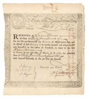 State of Massachusetts Bay Bond- 1777 dated Early Bond