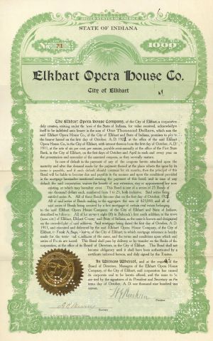 Elkhart Opera House Co. - Known as Bucklen Theatre - $1,000 Bond - Entertainment