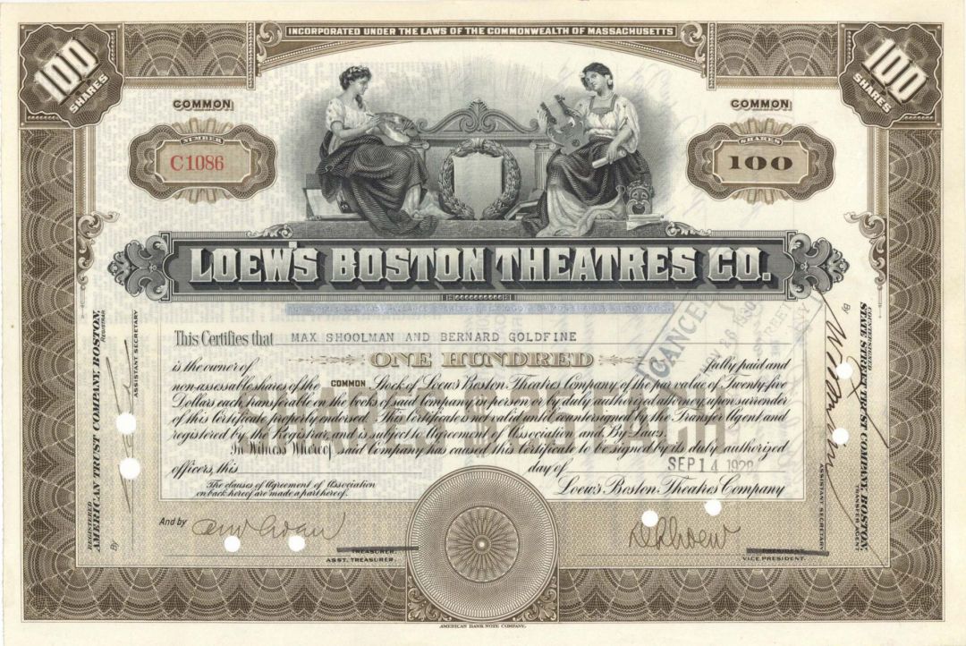 Loew's Boston Theatres Co. - 1923-1944 dated Stock Certificate
