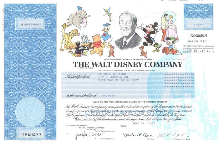 Walt Disney Co. - Fully Issued Stock Certificate (Uncanceled)