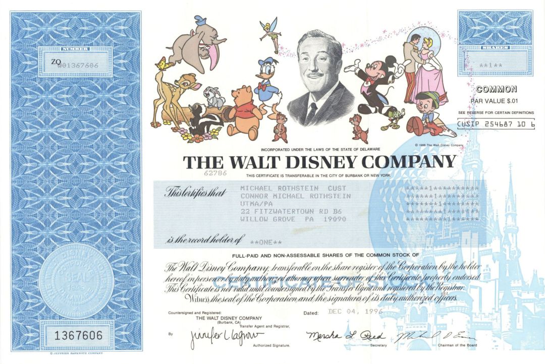 Walt Disney Co. - 1996 dated Fully Issued Stock Certificate (Uncanceled)