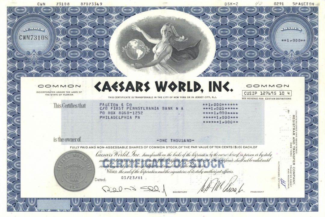 Caesars World Inc - 1978-80 dated Casino and Hotel Operator Stock Certificate - Originally Lum's Restaurants