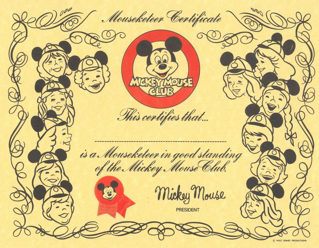 Mickey Mouse Club - Authentic Blank Certificate - For a Mouseketeer Membership