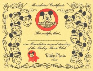 Mickey Mouse Club - Authentic Blank Certificate - For a Mouseketeer Membership