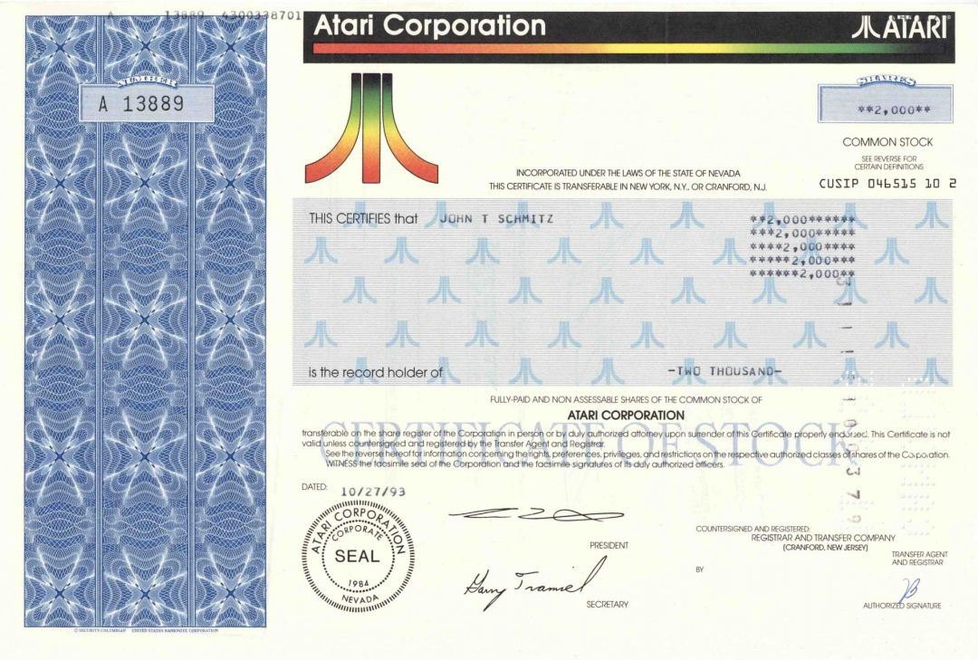 Atari Corporation - Arcade Game Co. Stock Certificate - Currently French Owned of the Original Brand Name