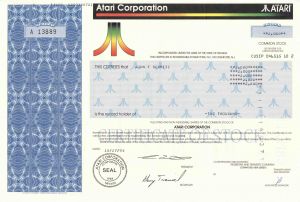 Atari Corporation - Arcade Game Co. Stock Certificate - Currently French Owned of the Original Brand Name