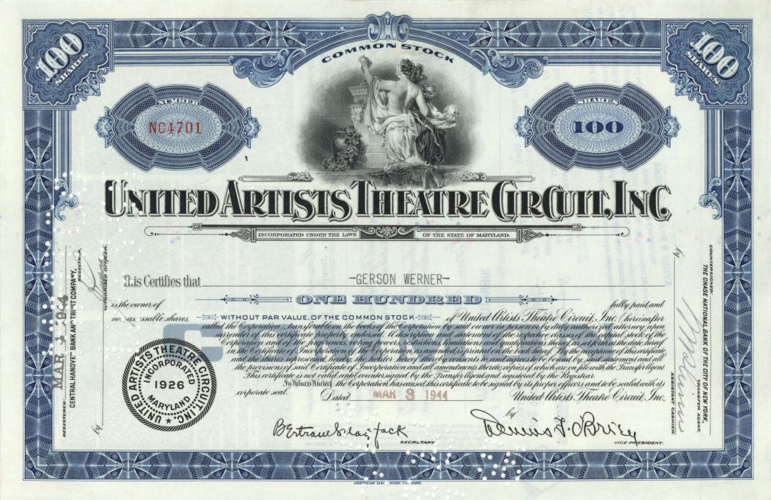 United Artists Theatre Circuit, Inc. - 1920's-1950's dated Stock Certificate