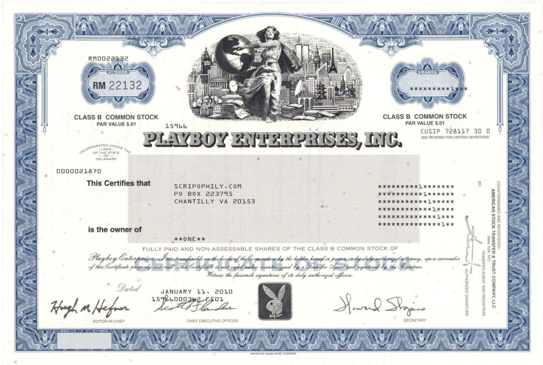 Playboy Enterprises, Inc. - Facsimile Signature of Hugh Marston Hefner - 2010 dated Adult Entertainment Stock Certificate