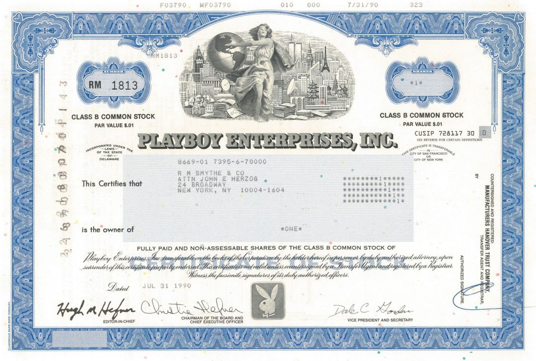 Playboy Enterprises, Inc. - Facsimile Signatures of Hugh Marston Hefner & Christie Ann Hefner - 1990 dated Adult Entertainment Stock Certificate