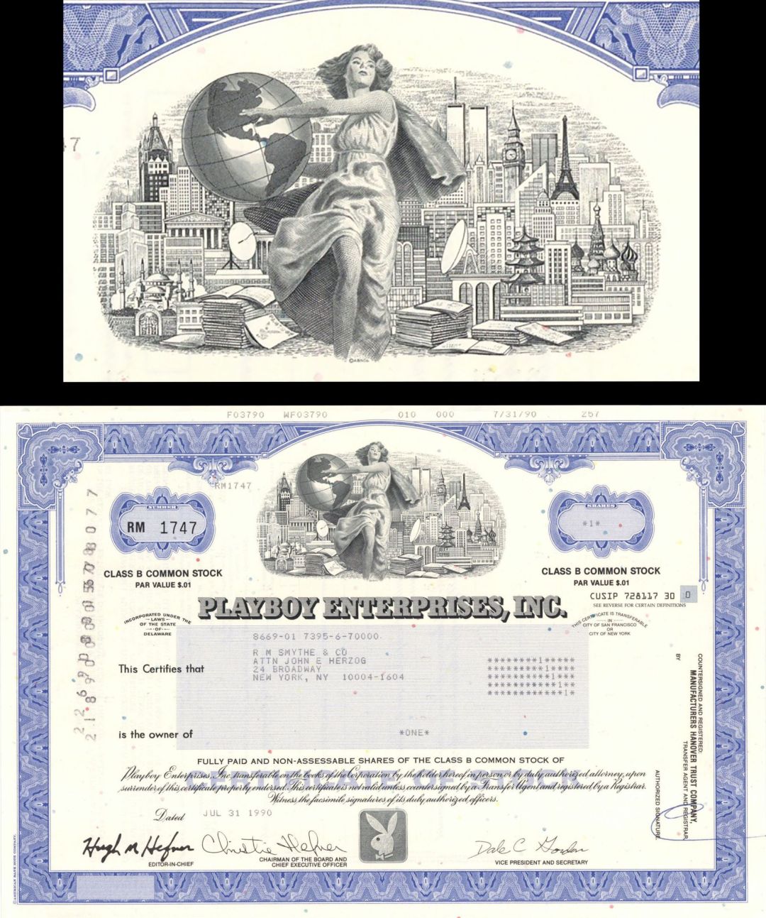 Playboy Enterprises, Inc. - Facsimile Signatures of Hugh Marston Hefner & Christie Ann Hefner - 1990 dated Adult Entertainment Stock Certificate