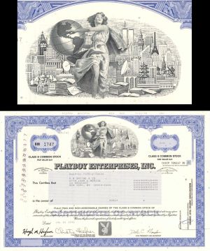 Playboy Enterprises, Inc. - Facsimile Signatures of Hugh Marston Hefner & Christie Ann Hefner - 1990 dated Adult Entertainment Stock Certificate