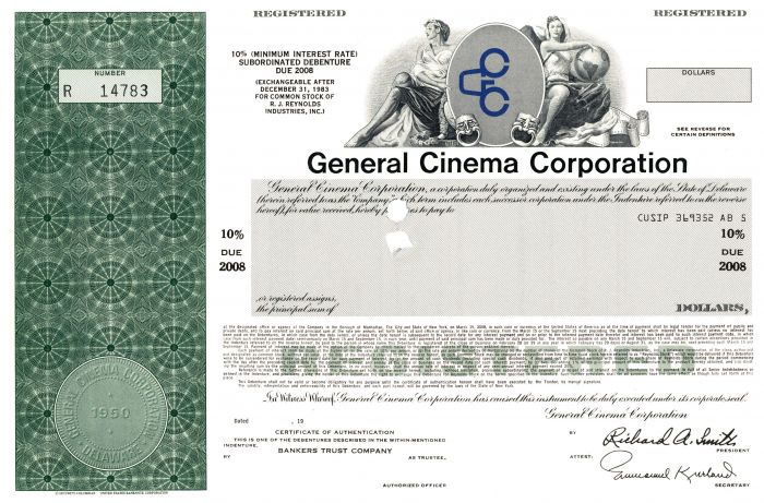 General Cinema Corporation - Movie Theater Co. Specimen Stock Certificate