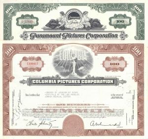 PAIR OF STOCKS - Columbia Pictures and Paramount Pictures - Motion Picture Co. Stock Certificates