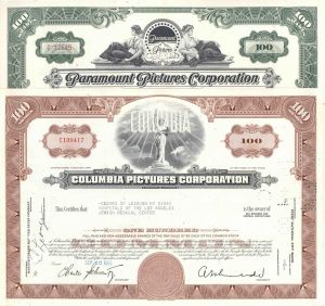 Pair of Stock Certificates - Columbia Pictures and Paramount Pictures - 1950's-60's dated Motion Picture Co. Stock Certificates