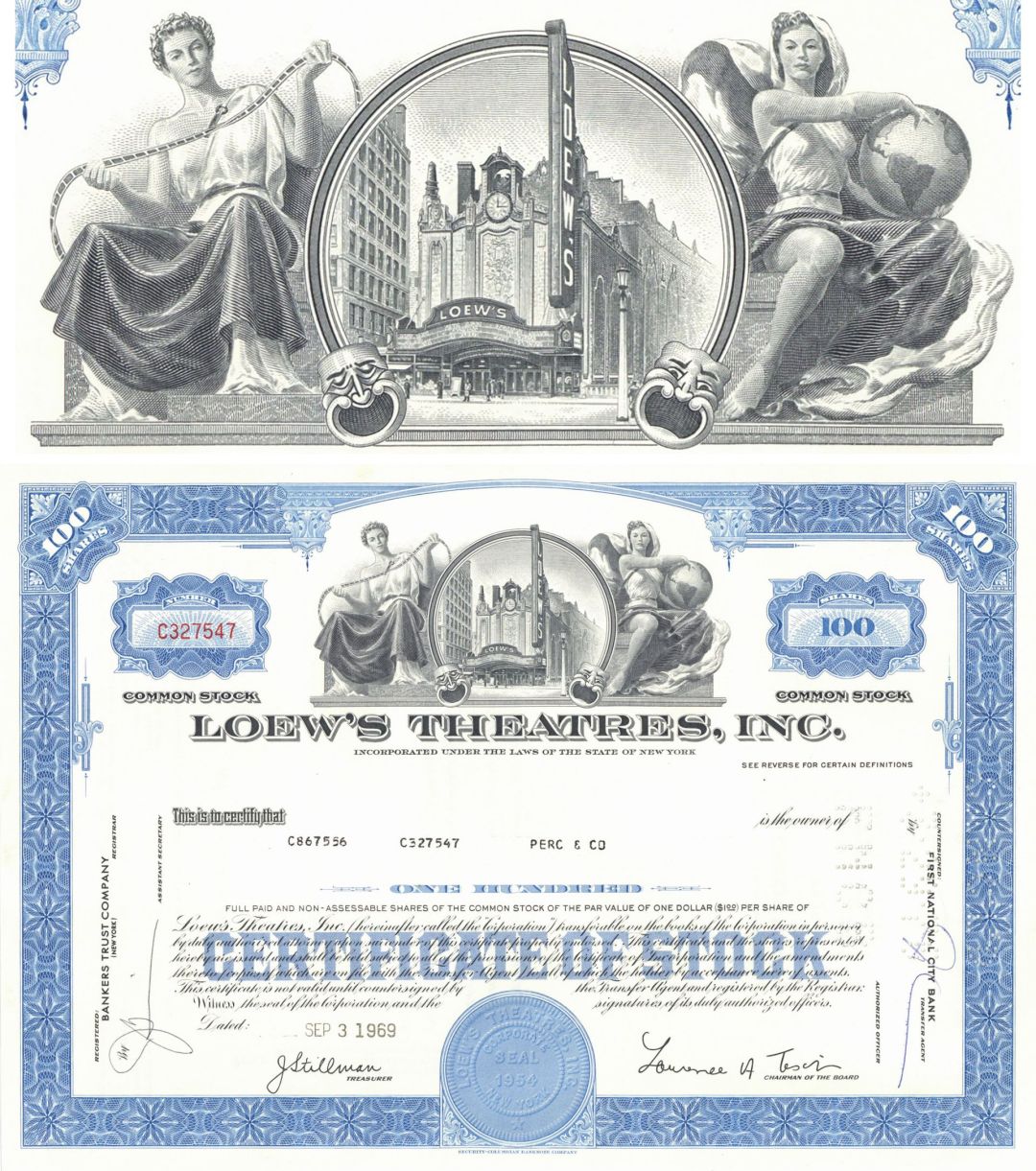 Loew's Theatres, Inc. - 1968-1969 dated Entertainment & Movies Stock Certificate - Movie Theater Chain