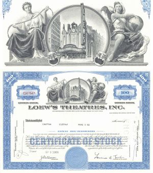 Loew's Theatres, Inc. - 1968-1969 dated Entertainment & Movies Stock Certificate - Movie Theater Chain