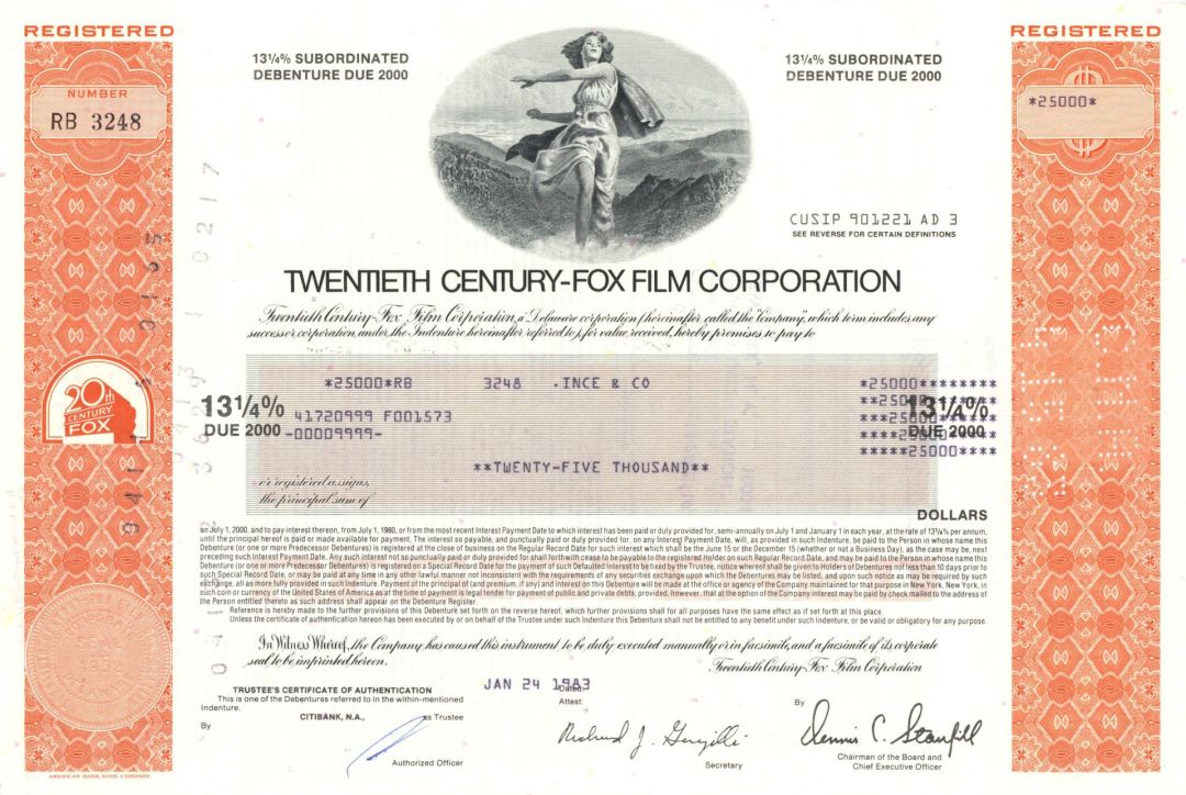 Twentieth Century-Fox Film Corporation - 1978-83 dated Entertainment Stock Certificate