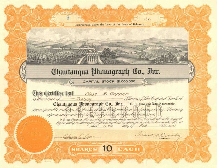 Chautauqua Phonograph Co., Inc. - Stock Certificate