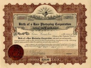 Birth of a Race Photoplay Corporation - Movie Entertainment Stock Certificate