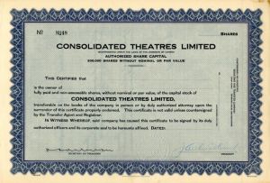 Consolidated Theatres Limited - Partially Issued Stock Certificate