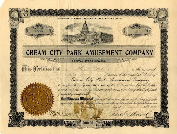 Cream City Park Amusement Co. - 1907 dated Stock Certificate - Entertainment