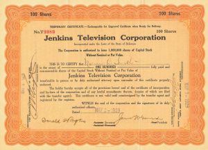 Jenkins Television Corporation - 1931 dated Television Company Stock Certificate - Very Early