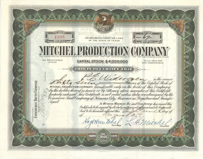 Mitchell Production Co. - Stock Certificate
