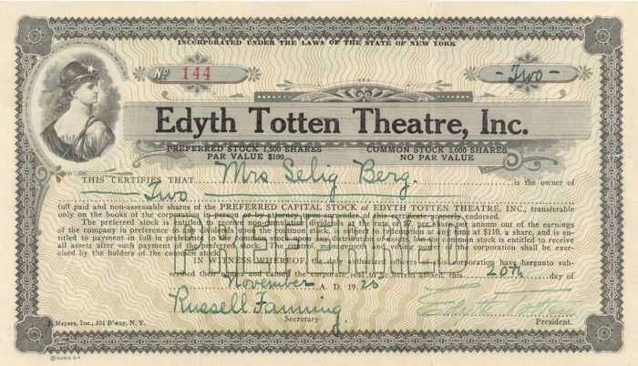 Edyth Totten Theatre, Inc. - Stock Certificate
